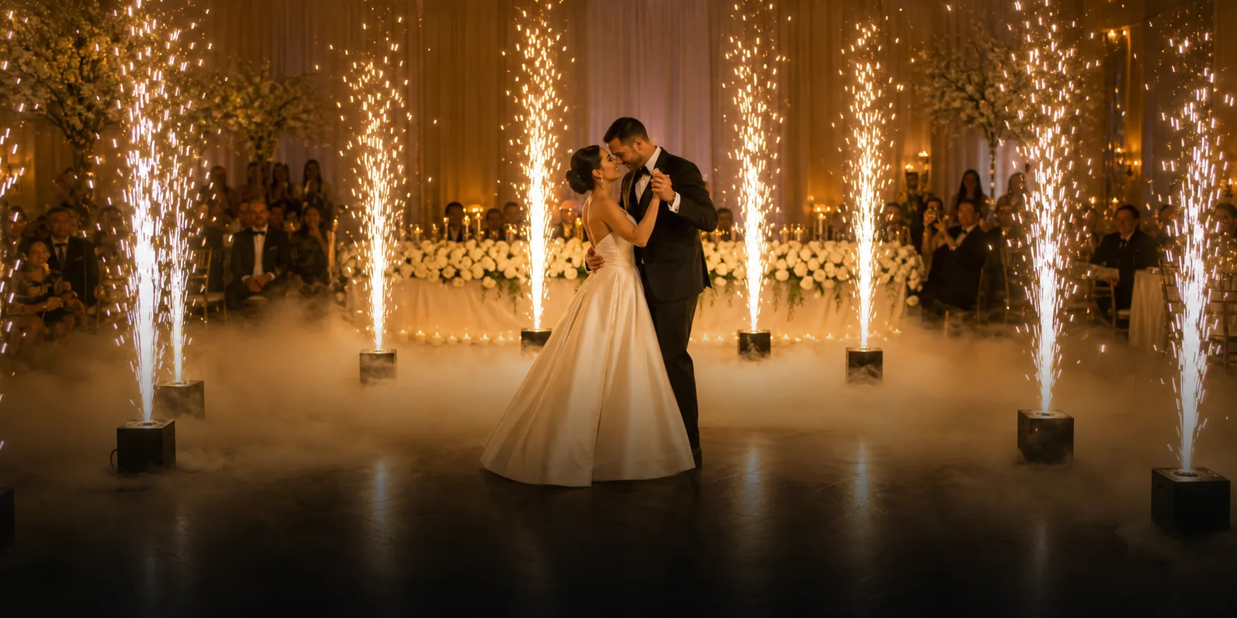 Couple dancing with cold spark fountains