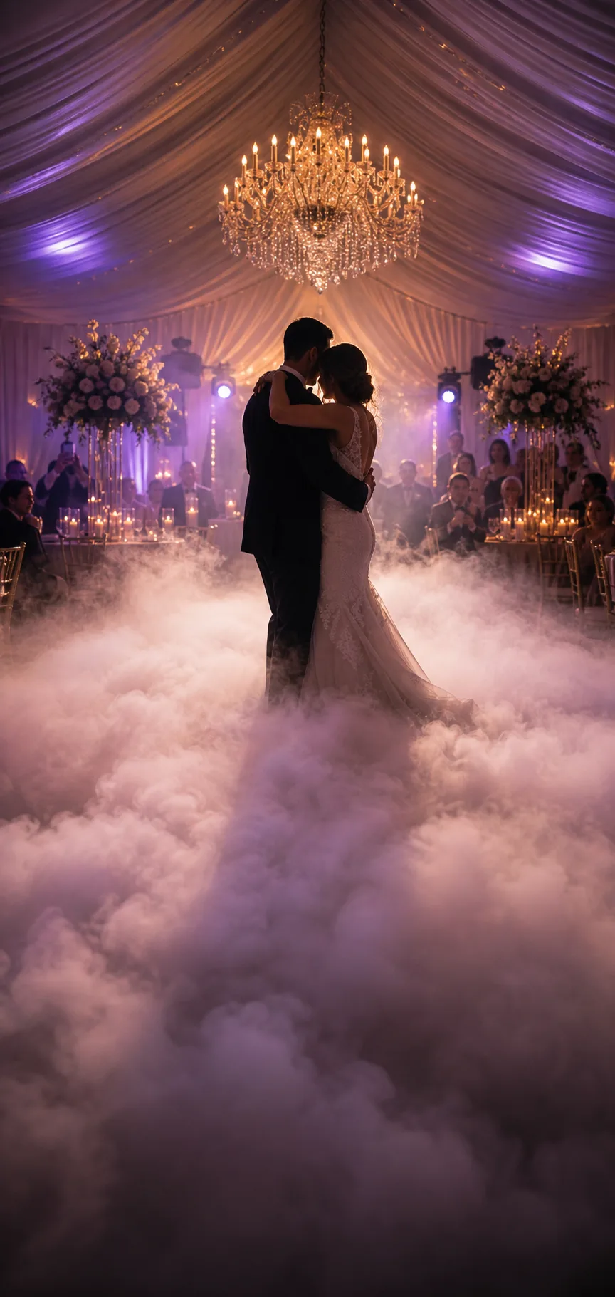 Wedding couple dancing in heavy low fog