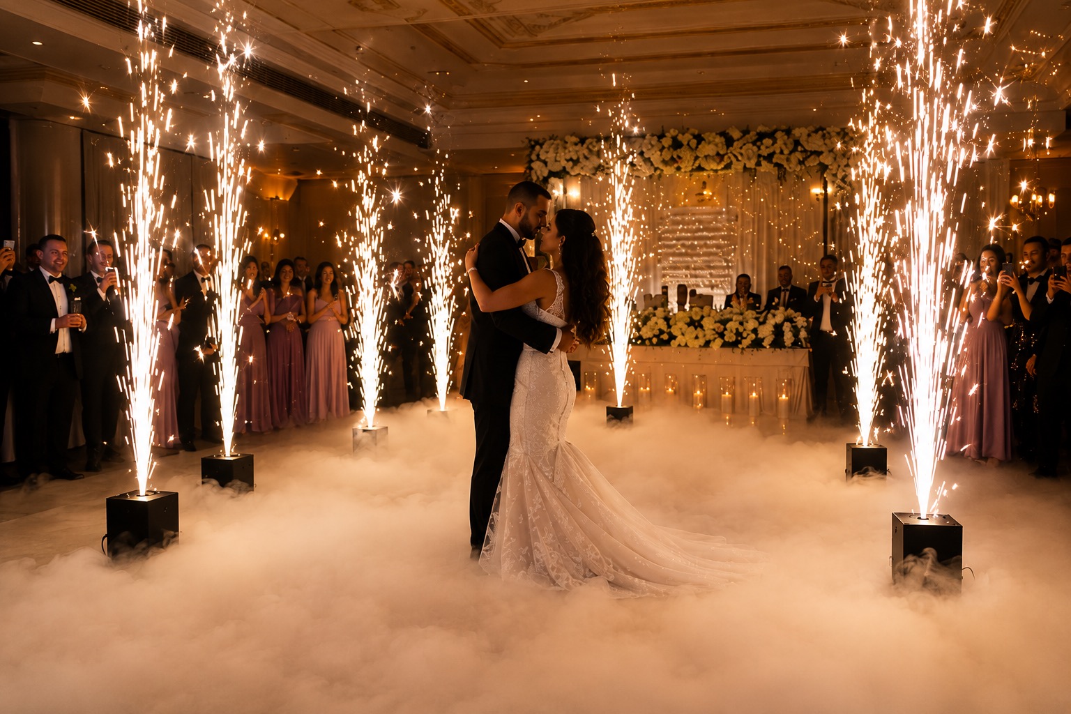 Cold sparks and fog at an event